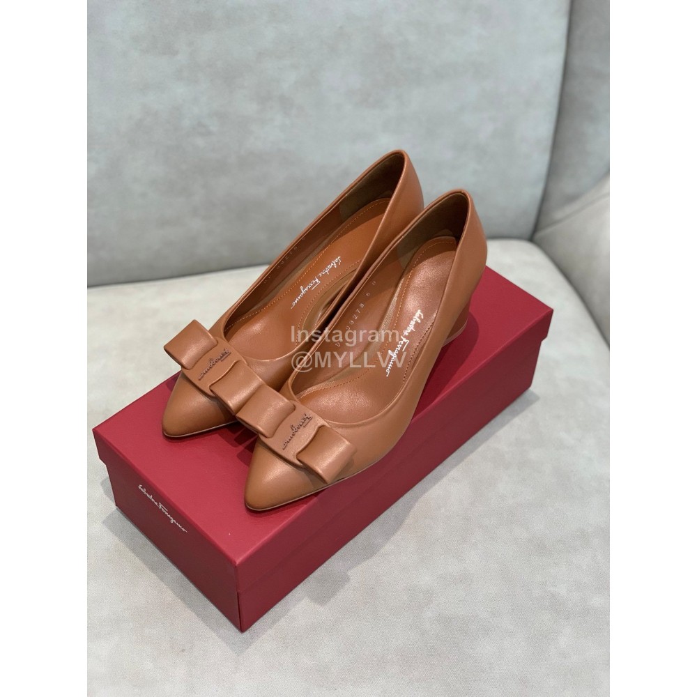 Salvatore Ferragamo Fashion Sheepskin Bow High Heel Shoes For Women Brown