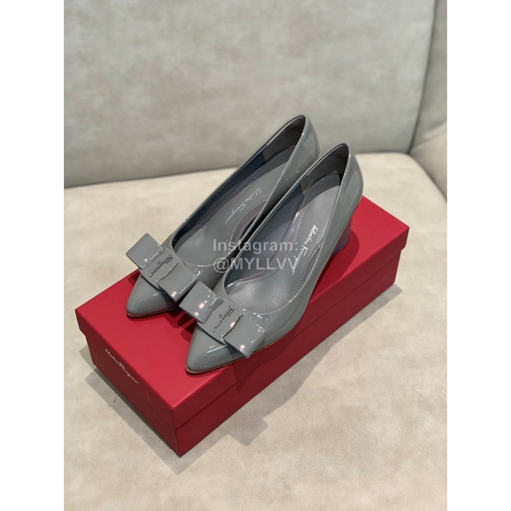 Salvatore Ferragamo Fashion Sheepskin Bow High Heel Shoes For Women Gray