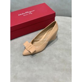 Salvatore Ferragamo Fashion Sheepskin Bow High Heel Shoes For Women Khaki