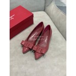 Salvatore Ferragamo Fashion Patent Leather Bow Shoes For Women Wine Red
