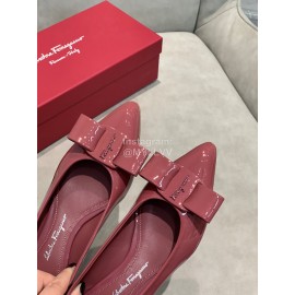 Salvatore Ferragamo Fashion Patent Leather Bow Shoes For Women Wine Red