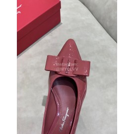 Salvatore Ferragamo Fashion Patent Leather Bow Shoes For Women Wine Red