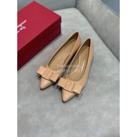 Salvatore Ferragamo Fashion Patent Leather Bow Shoes For Women Khaki