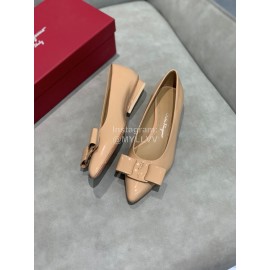 Salvatore Ferragamo Fashion Patent Leather Bow Shoes For Women Khaki