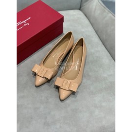 Salvatore Ferragamo Fashion Patent Leather Bow Shoes For Women Khaki