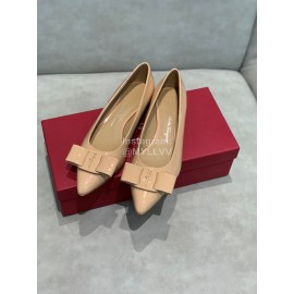 Salvatore Ferragamo Fashion Patent Leather Bow Shoes For Women Khaki