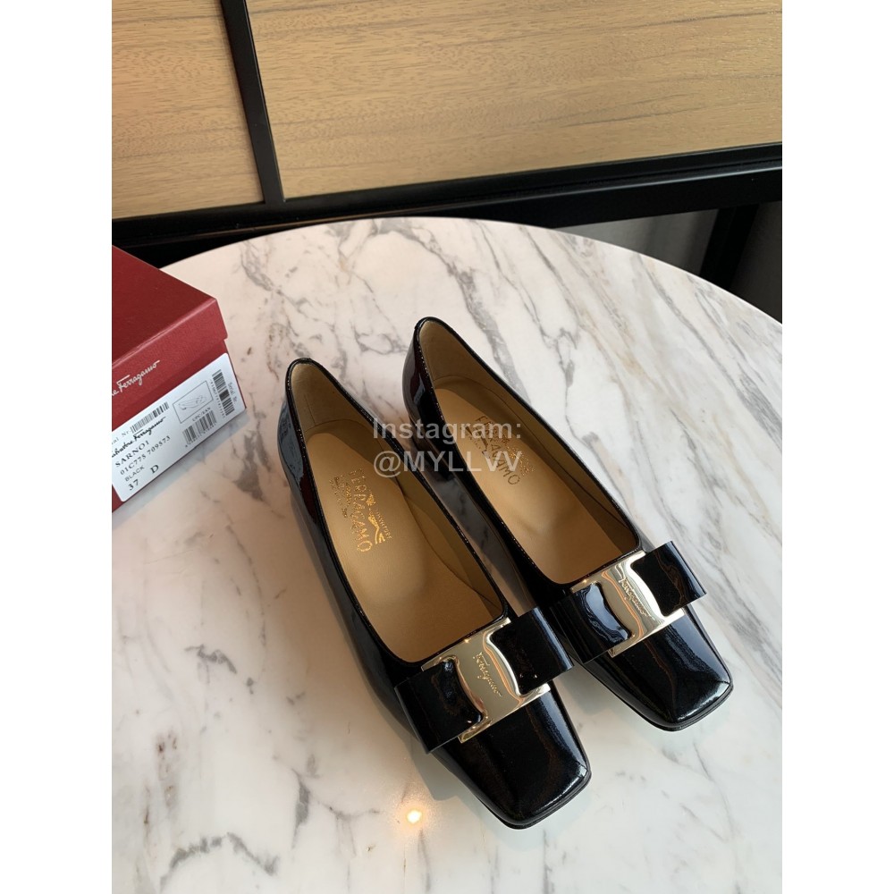 Salvatore Ferragamo Smooth Patent Leather Square Head Shoes For Women Black