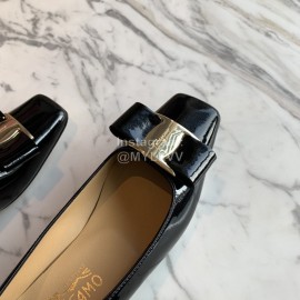 Salvatore Ferragamo Smooth Patent Leather Square Head Shoes For Women Black