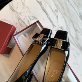 Salvatore Ferragamo Smooth Patent Leather Square Head Shoes For Women Black