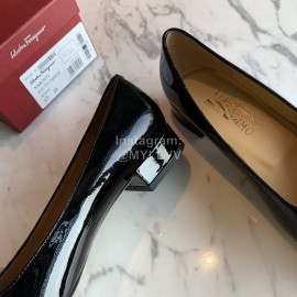 Salvatore Ferragamo Smooth Patent Leather Square Head Shoes For Women Black