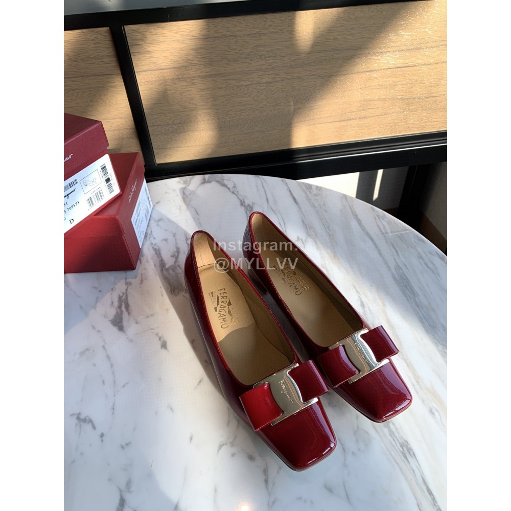 Salvatore Ferragamo Smooth Patent Leather Square Head Shoes For Women Wine Red