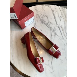 Salvatore Ferragamo Smooth Patent Leather Square Head Shoes For Women Wine Red