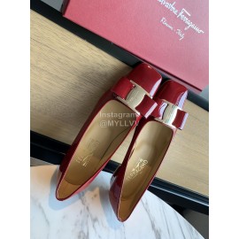 Salvatore Ferragamo Smooth Patent Leather Square Head Shoes For Women Wine Red