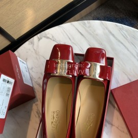 Salvatore Ferragamo Smooth Patent Leather Square Head Shoes For Women Wine Red