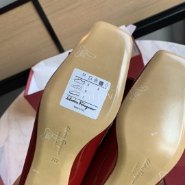 Salvatore Ferragamo Smooth Patent Leather Square Head Shoes For Women Wine Red