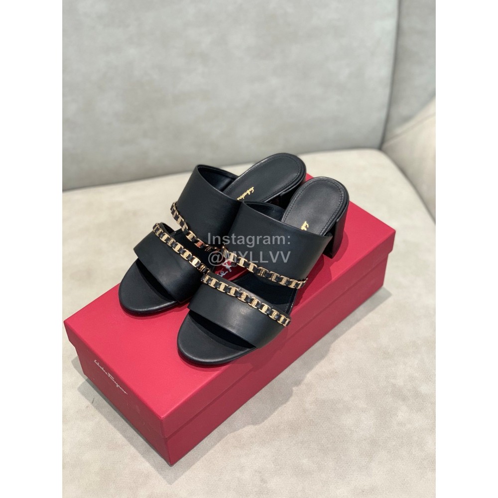 Salvatore Ferragamo Spring Summer New Chain Sheepskin High Heel Slippers For Women Black