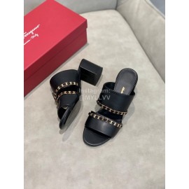 Salvatore Ferragamo Spring Summer New Chain Sheepskin High Heel Slippers For Women Black