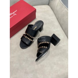 Salvatore Ferragamo Spring Summer New Chain Sheepskin High Heel Slippers For Women Black