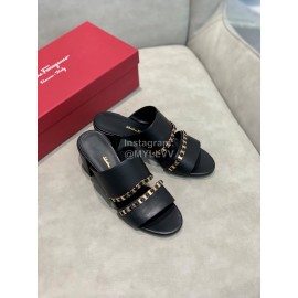 Salvatore Ferragamo Spring Summer New Chain Sheepskin High Heel Slippers For Women Black