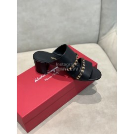 Salvatore Ferragamo Spring Summer New Chain Sheepskin High Heel Slippers For Women Black