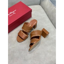 Salvatore Ferragamo Spring Summer New Chain Sheepskin High Heel Slippers For Women Brown