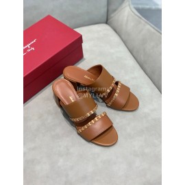 Salvatore Ferragamo Spring Summer New Chain Sheepskin High Heel Slippers For Women Brown