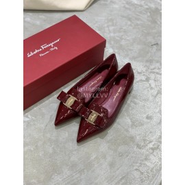 Salvatore Ferragamo Fashion Patent Leather Pointed Shoes For Women Wine Red