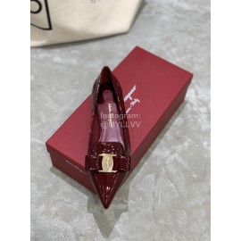 Salvatore Ferragamo Fashion Patent Leather Pointed Shoes For Women Wine Red