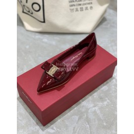 Salvatore Ferragamo Fashion Patent Leather Pointed Shoes For Women Wine Red