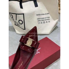 Salvatore Ferragamo Fashion Patent Leather Pointed Shoes For Women Wine Red