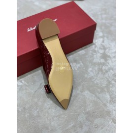 Salvatore Ferragamo Fashion Patent Leather Pointed Shoes For Women Wine Red