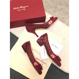 Salvatore Ferragamo Spring Summer New Wave Dot Gauze Wine Red High Heels For Women 