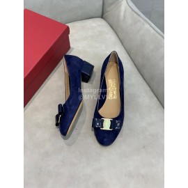 Salvatore Ferragamo Velvet Patent Leather Bow Thick High Heels For Women Blue