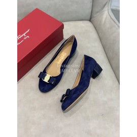 Salvatore Ferragamo Velvet Patent Leather Bow Thick High Heels For Women Blue