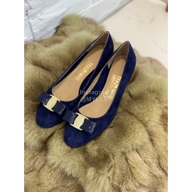 Salvatore Ferragamo Velvet Patent Leather Bow Thick High Heels For Women Blue
