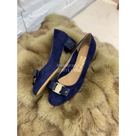 Salvatore Ferragamo Velvet Patent Leather Bow Thick High Heels For Women Blue