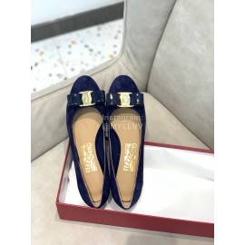 Salvatore Ferragamo Velvet Patent Leather Bow Thick High Heels For Women Blue