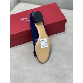 Salvatore Ferragamo Velvet Patent Leather Bow Thick High Heels For Women Blue