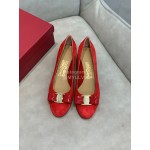 Salvatore Ferragamo Velvet Patent Leather Bow Thick High Heels For Women Red