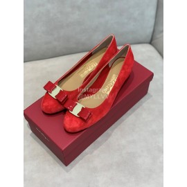 Salvatore Ferragamo Velvet Patent Leather Bow Thick High Heels For Women Red