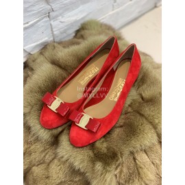 Salvatore Ferragamo Velvet Patent Leather Bow Thick High Heels For Women Red