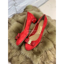 Salvatore Ferragamo Velvet Patent Leather Bow Thick High Heels For Women Red