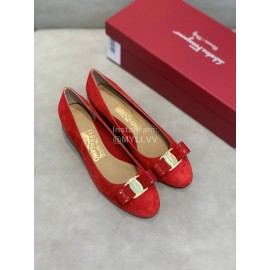 Salvatore Ferragamo Velvet Patent Leather Bow Thick High Heels For Women Red