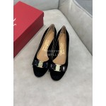 Salvatore Ferragamo Velvet Patent Leather Bow Thick High Heels For Women Black