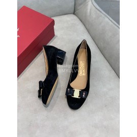 Salvatore Ferragamo Velvet Patent Leather Bow Thick High Heels For Women Black