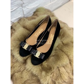 Salvatore Ferragamo Velvet Patent Leather Bow Thick High Heels For Women Black