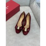 Salvatore Ferragamo Velvet Patent Leather Bow Thick High Heels For Women Wine Red