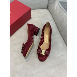 Salvatore Ferragamo Velvet Patent Leather Bow Thick High Heels For Women Wine Red