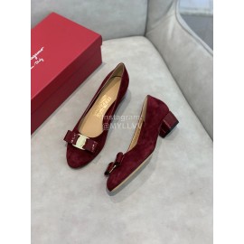 Salvatore Ferragamo Velvet Patent Leather Bow Thick High Heels For Women Wine Red