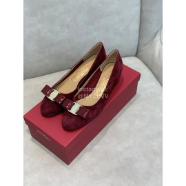 Salvatore Ferragamo Velvet Patent Leather Bow Thick High Heels For Women Wine Red